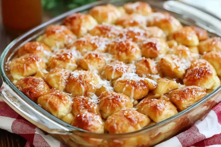 Golden-brown Apple Bubble Up Casserole baked in a glass dish, topped with a sweet glaze and shredded coconut.