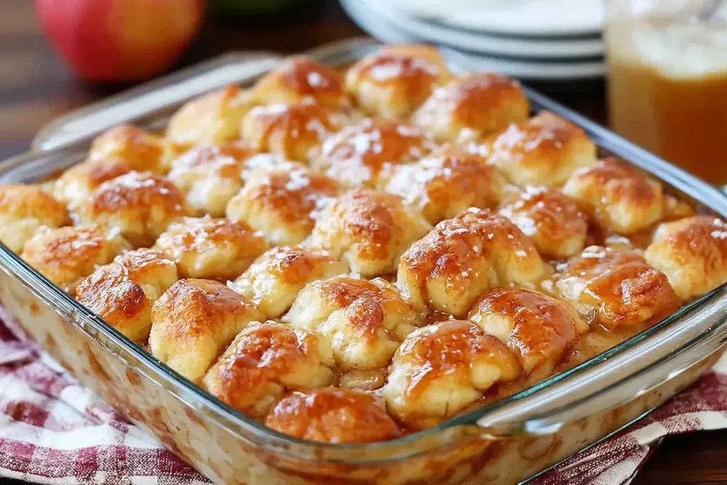 Freshly baked Apple Bubble Up Casserole in a glass dish, featuring golden biscuit pieces and gooey caramelized apple filling.