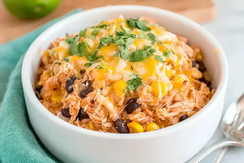 Slow Cooker Chicken Burrito Bowls topped with melted cheese, black beans, corn, and fresh cilantro in a white bowl