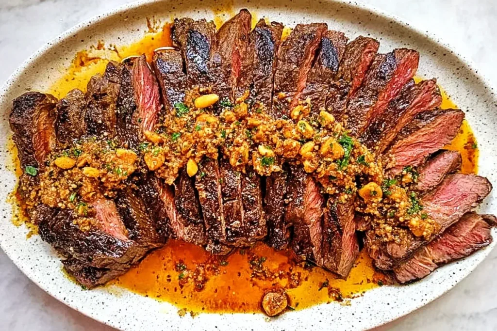 Perfectly sliced Garlic Butter Brazilian Steak topped with golden garlic sauce, served on a white platter.