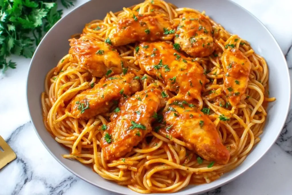 Plate of Chicken Scallopini served over spaghetti with rich tomato-gravy sauce and garnished with chopped parsley.
