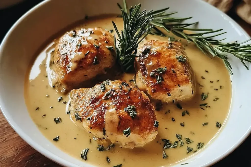 Seared chicken breasts in rich Irish Chicken in Whiskey Cream Sauce garnished with rosemary in a white bowl.