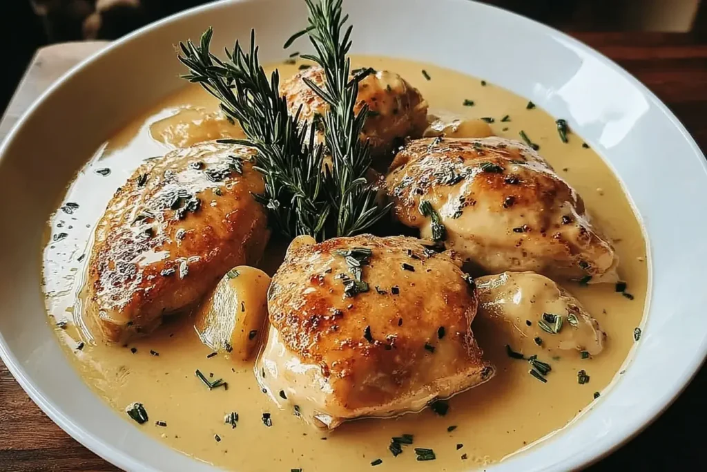 Juicy chicken breasts simmered in Irish Chicken in Whiskey Cream Sauce, garnished with rosemary and whole garlic cloves in a white bowl.