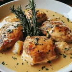 Juicy chicken breasts simmered in Irish Chicken in Whiskey Cream Sauce, garnished with rosemary and whole garlic cloves in a white bowl.