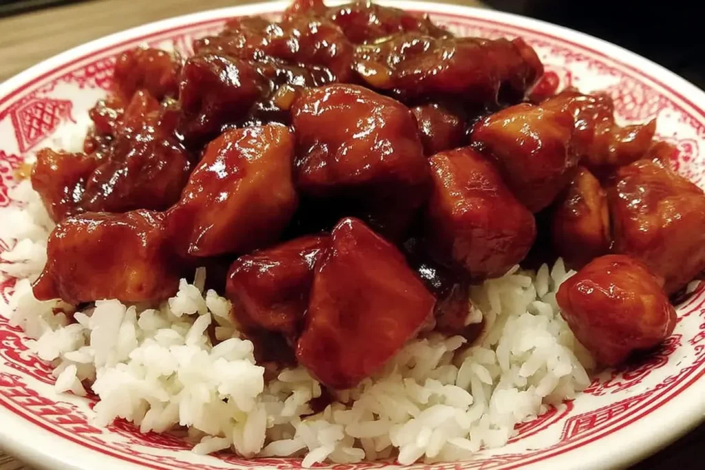 Food Court Bourbon Chicken served over white rice on a decorative red and white plate.
