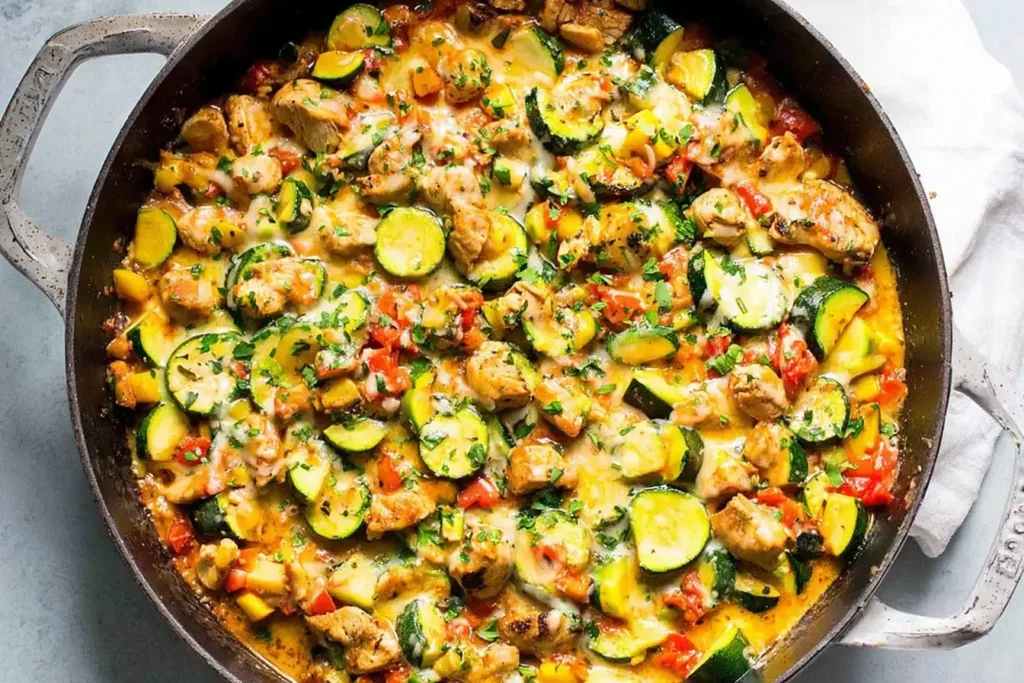 Tex Mex Chicken and Zucchini skillet with chunks of chicken, zucchini, peppers, and melted cheese