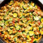 Tex Mex Chicken and Zucchini skillet with chunks of chicken, zucchini, peppers, and melted cheese