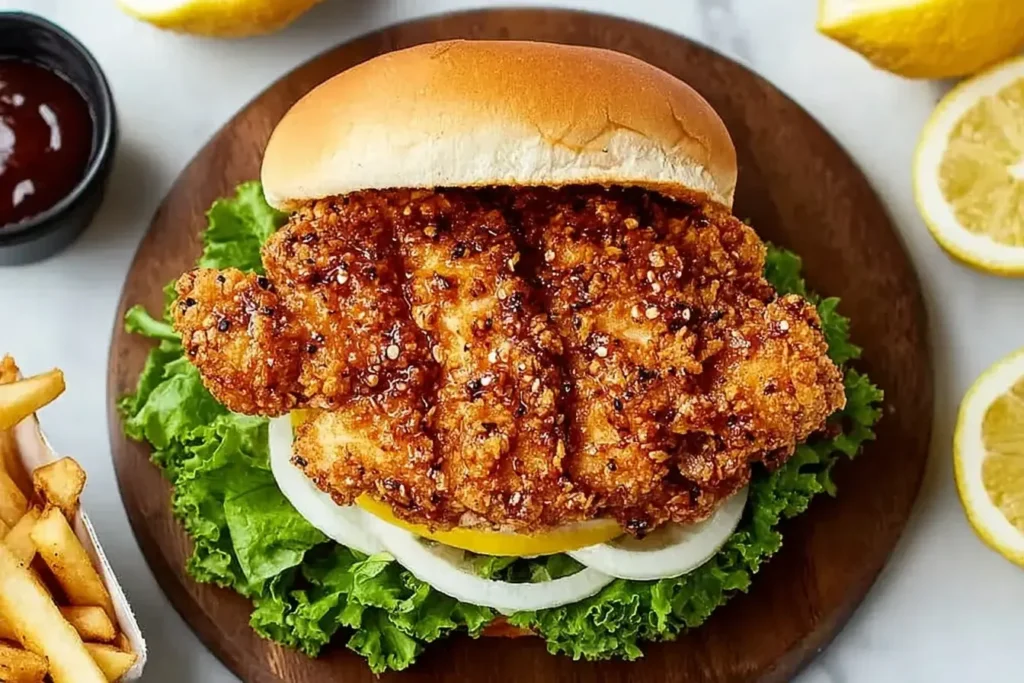 Crispy Lemon Pepper Chicken Sandwich with golden fried chicken, lettuce, onions, and pickles on a soft bun.