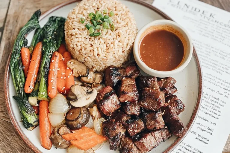 Hibachi Steak served with grilled vegetables, fried rice, and dipping sauce on a white plate.