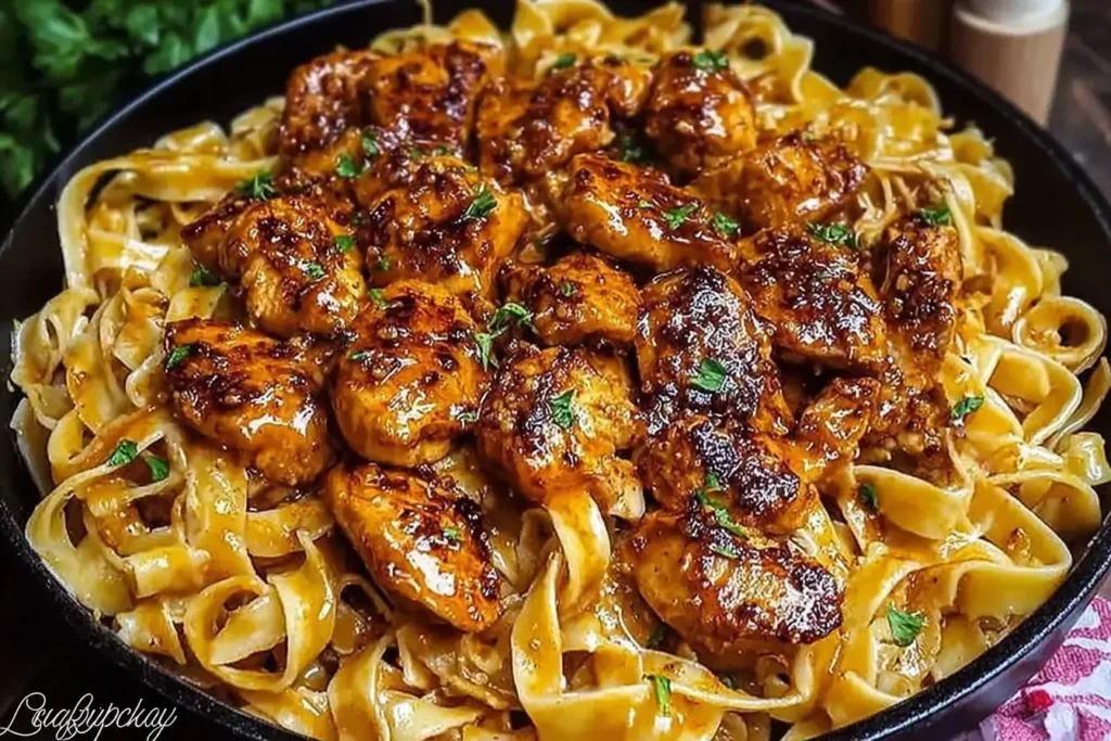 Spicy Cajun Honey Butter Chicken Pasta featuring tender chicken pieces glazed in a spicy sauce atop creamy fettuccine noodles.