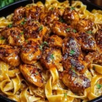 Spicy Cajun Honey Butter Chicken Pasta featuring tender chicken pieces glazed in a spicy sauce atop creamy fettuccine noodles.
