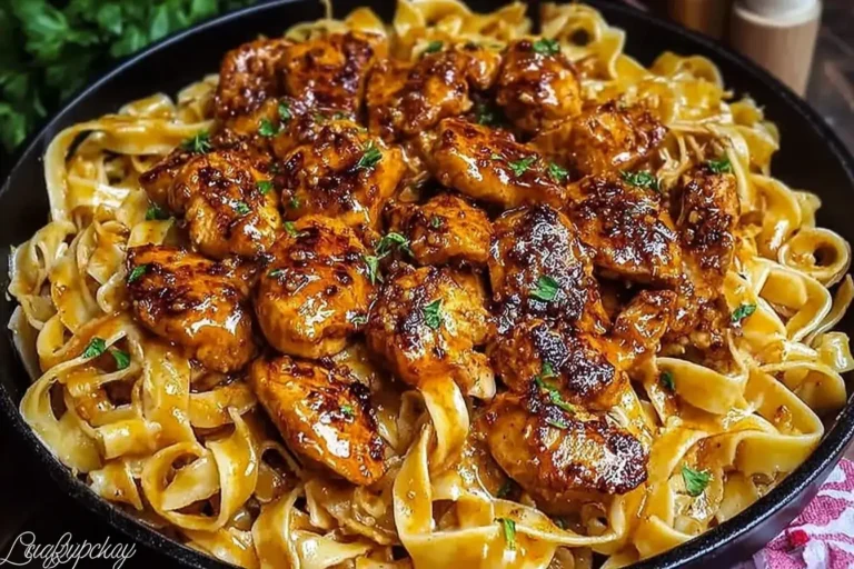 Spicy Cajun Honey Butter Chicken Pasta featuring tender chicken pieces glazed in a spicy sauce atop creamy fettuccine noodles.