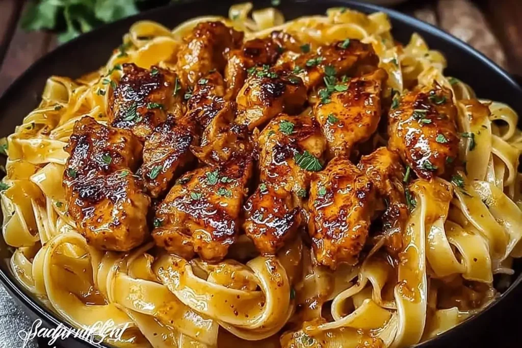 Spicy Cajun Honey Butter Chicken Pasta served over fettuccine, featuring golden seared chicken coated in a glossy, spicy honey butter sauce.