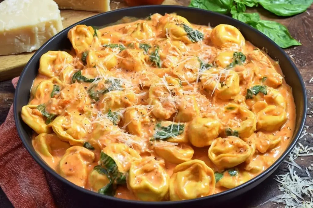Close-up of CrockPot Chicken Tortellini in a creamy tomato sauce with spinach and parmesan in a black bowl.