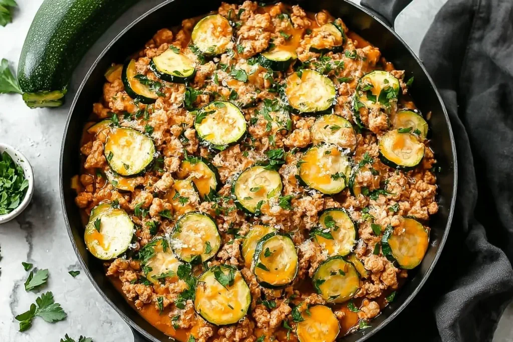 Ground Turkey and Zucchini Skillet with sautéed zucchini rounds and savory ground turkey in a flavorful sauce, garnished with fresh parsley.
