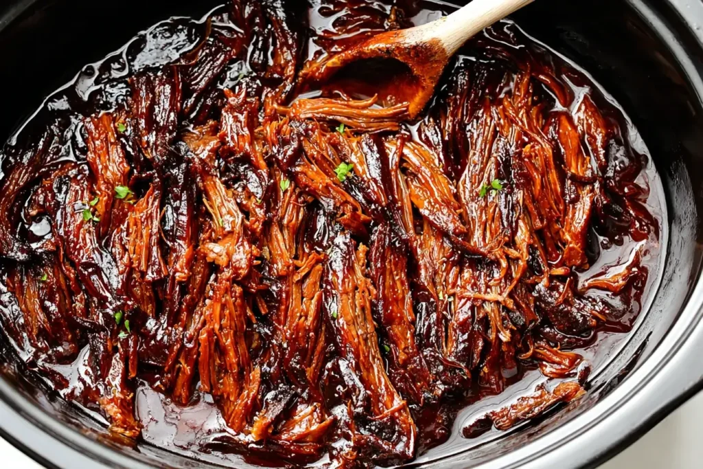 Slow Cooker BBQ Beef Brisket shredded and coated in rich barbecue sauce inside a slow cooker.