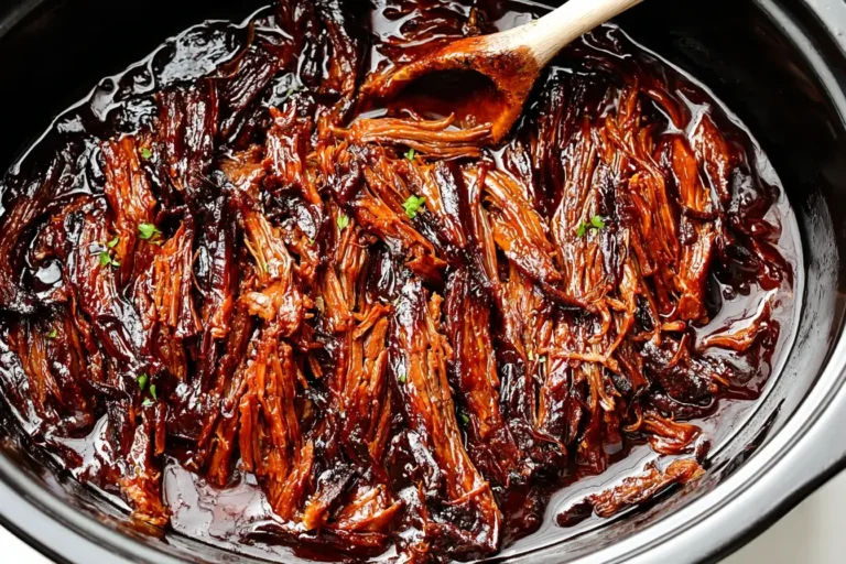 Slow Cooker BBQ Beef Brisket shredded and coated in rich barbecue sauce inside a slow cooker.