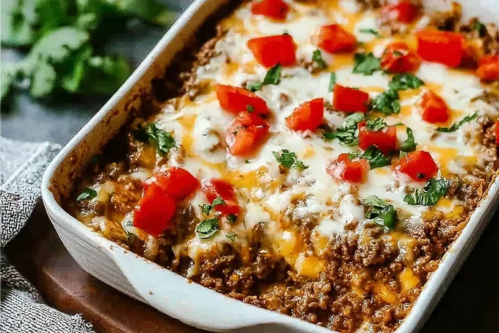Low Carb Philly Cheesesteak Casserole topped with melted cheese, diced tomatoes, and fresh parsley in a white baking dish.