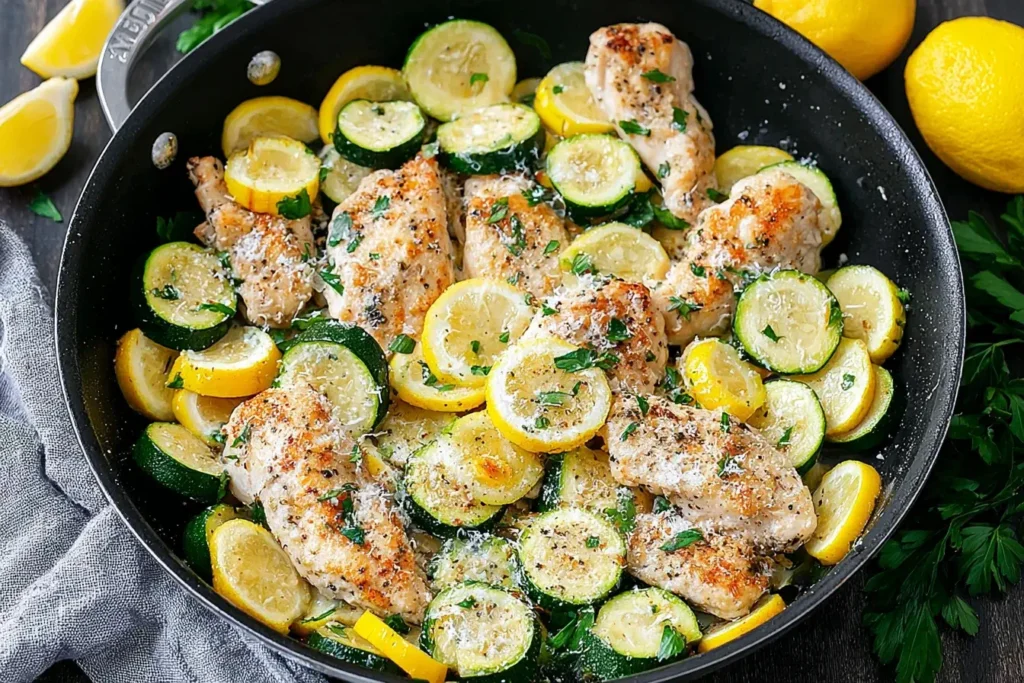 Skillet filled with Chicken Breast with Zucchini and Squash, garnished with fresh parsley, lemon, and grated parmesan.