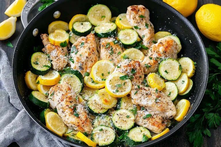 Skillet filled with Chicken Breast with Zucchini and Squash, garnished with fresh parsley, lemon, and grated parmesan.