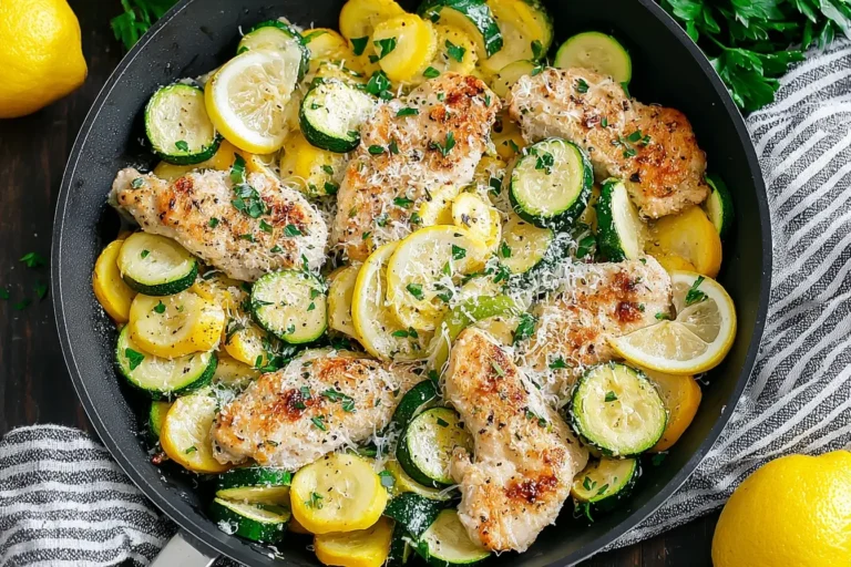 Healthy Chicken Breast with Zucchini and Squash cooked in a skillet with lemon slices, parmesan, and fresh herbs for a vibrant, nutritious meal.