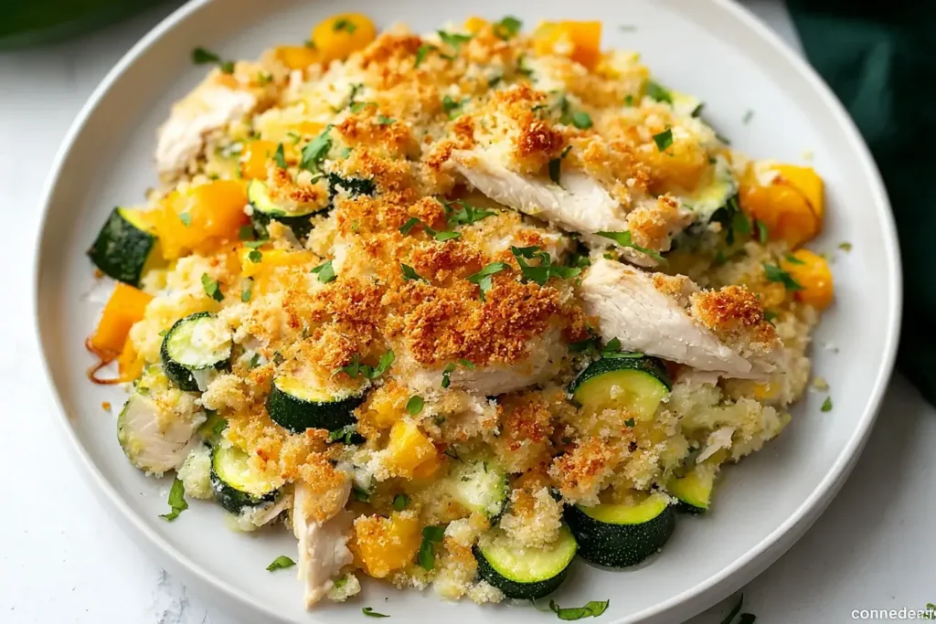Rotisserie Chicken Zucchini Casserole served on a white plate, featuring tender chicken pieces, zucchini slices, yellow peppers, and crispy topping.