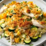 Rotisserie Chicken Zucchini Casserole served on a white plate, featuring tender chicken pieces, zucchini slices, yellow peppers, and crispy topping.