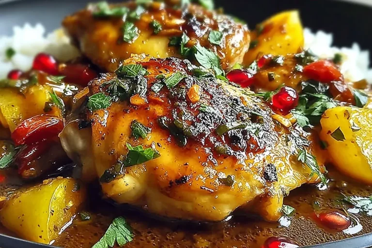 Close-up of flavorful Persian Chicken with herbs, dried fruits, and a rich sauce served over rice.