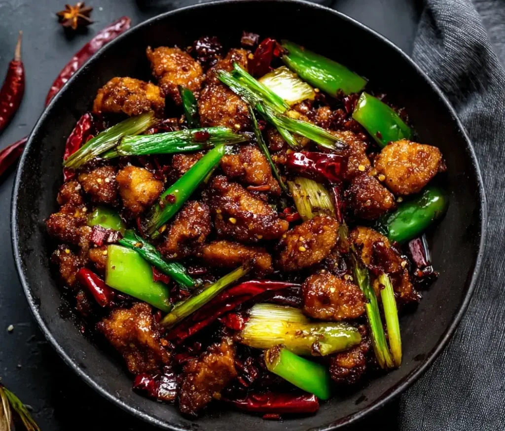 Spicy Szechuan chicken with green peppers, scallions, and dried red chilies in a dark bowl.