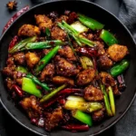 Spicy Szechuan chicken with green peppers, scallions, and dried red chilies in a dark bowl.