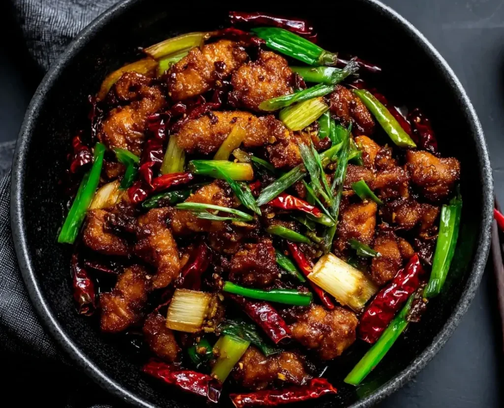 Spicy Szechuan chicken stir-fry with dried red chilies and green onions in a black bowl.