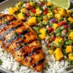 Grilled Honey Lime Chicken with Mango Salsa served over white rice in a bowl.