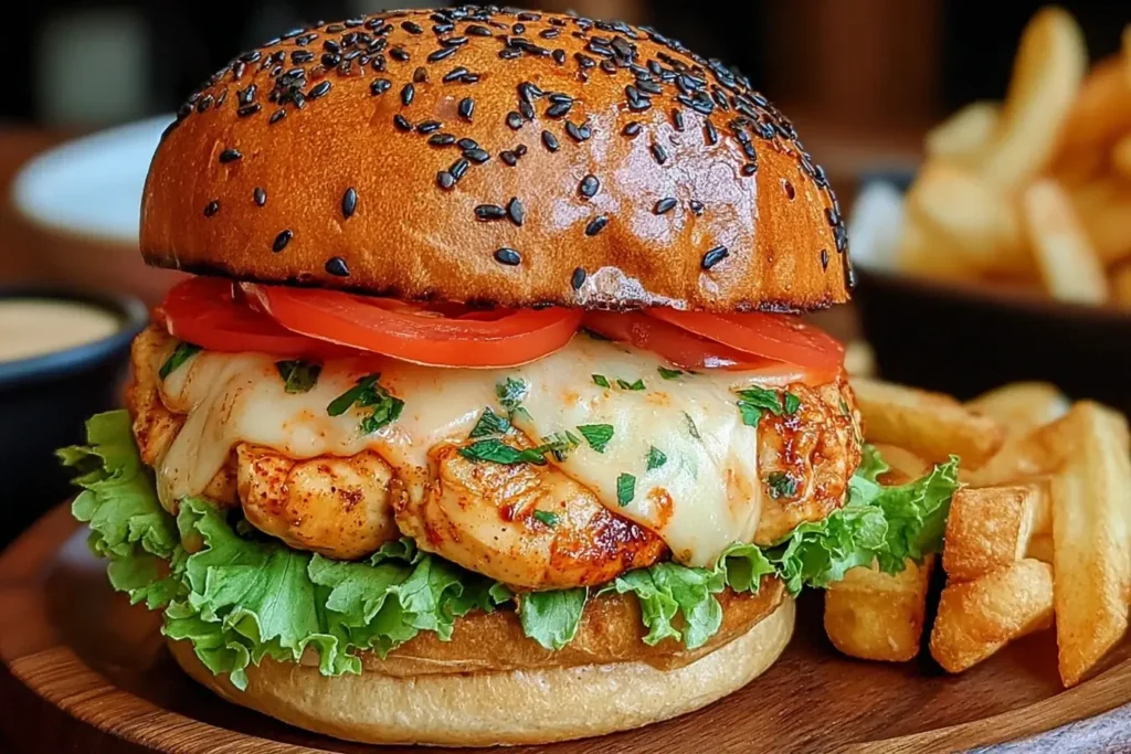 Spicy Chipotle Chicken Burger with melted cheese, fresh lettuce, tomato, and a sesame bun served with crispy fries.