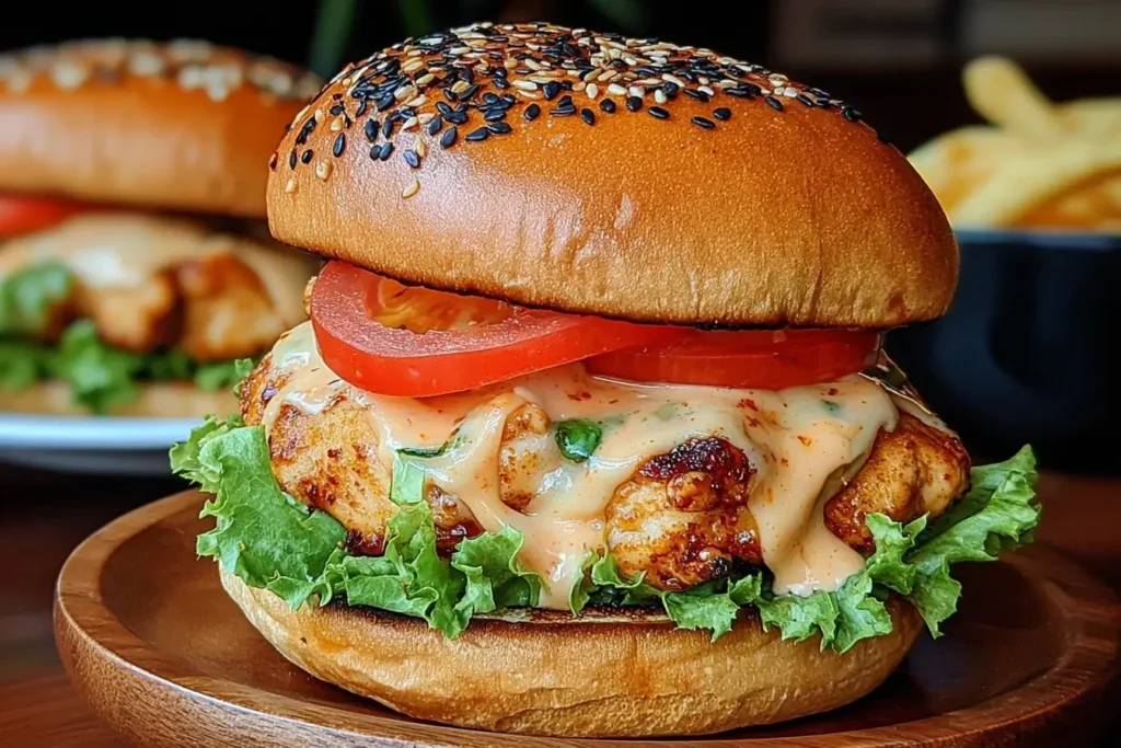 Juicy Spicy Chipotle Chicken Burger with lettuce, tomato, and creamy chipotle mayo on a sesame bun.