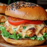Juicy Spicy Chipotle Chicken Burger with lettuce, tomato, and creamy chipotle mayo on a sesame bun.