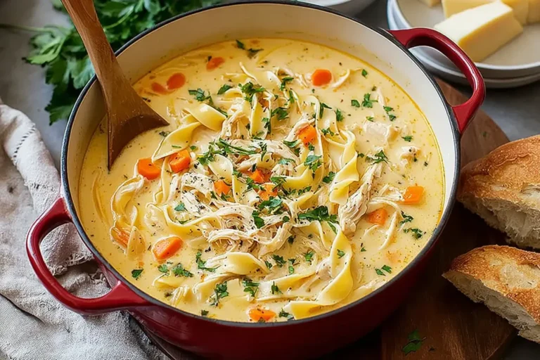 Creamy Chicken Noodle Soup with egg noodles, carrots, and parsley in a red pot, served with crusty bread.