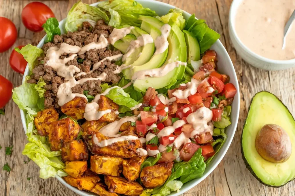 Colorful Loaded Burger Bowl with ground beef, avocado, roasted potatoes, fresh tomatoes, and creamy special sauce.