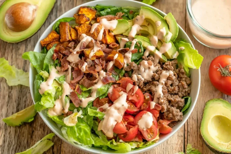 Fresh and colorful Loaded Burger Bowl with ground beef, bacon, avocado, tomatoes, and special sauce drizzle.