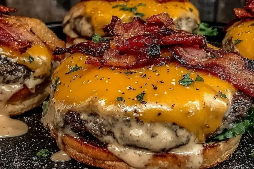 Juicy Crack Burgers topped with melted cheddar cheese, crispy bacon, and creamy sauce on toasted buns.