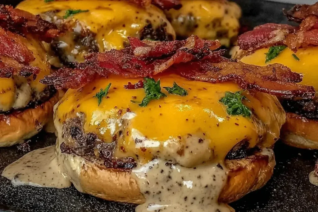 Close-up of sizzling Crack Burgers topped with melted cheddar, crispy bacon, and creamy sauce on toasted buns.