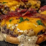 Close-up of sizzling Crack Burgers topped with melted cheddar, crispy bacon, and creamy sauce on toasted buns.