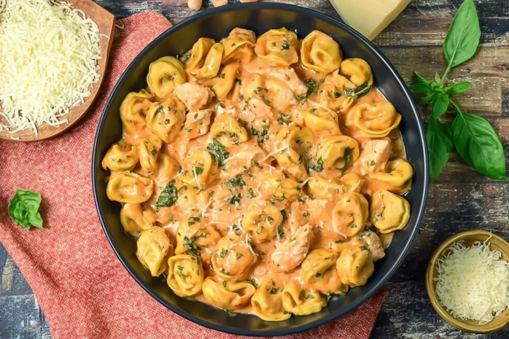 Creamy CrockPot Chicken Tortellini in a black bowl garnished with fresh herbs and surrounded by shredded cheese and basil leaves.