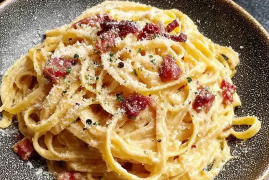 Stanley Tucci’s Pasta Carbonara served on a black plate, featuring creamy spaghetti, crispy pancetta, and grated Pecorino Romano.