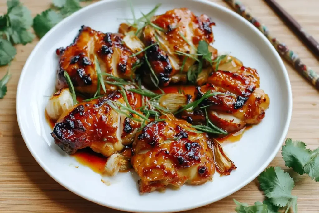 Juicy Garlic Miso Chicken thighs glazed and garnished with green onions on a white plate