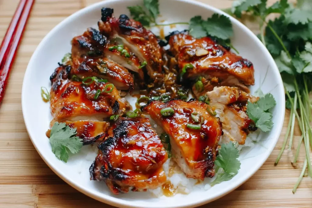 Sliced Garlic Miso Chicken served over rice, garnished with green onions and cilantro