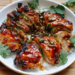 Sliced Garlic Miso Chicken served over rice, garnished with green onions and cilantro