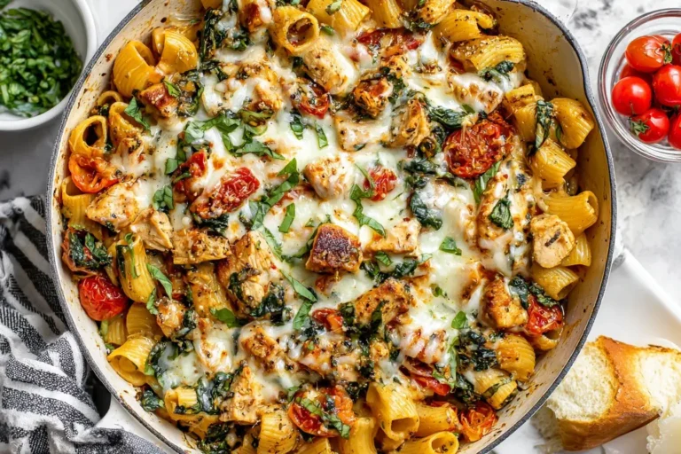 Pesto Chicken Pasta Bake with melted mozzarella, roasted tomatoes, spinach, and rigatoni pasta in a skillet.