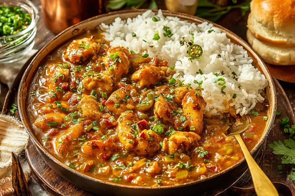 Hearty bowl of Chicken Étouffée served with white rice and garnished with green onions.