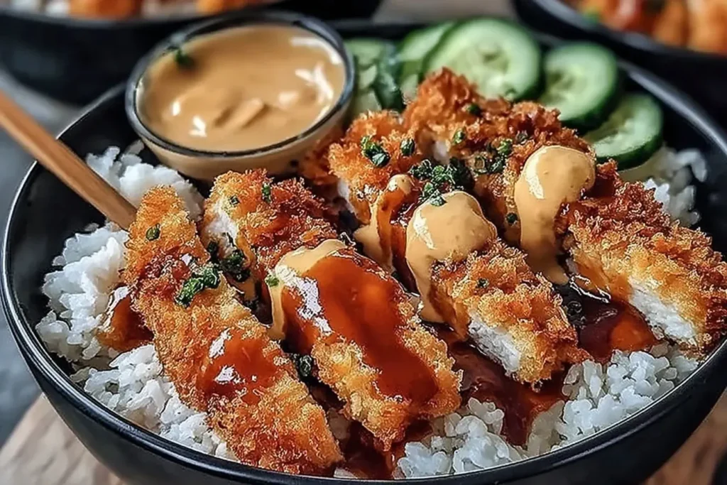 Crispy chicken strips over rice drizzled with tonkatsu sauce in Japanese Katsu Bowls with Tonkatsu Sauce.