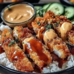 Crispy chicken strips over rice drizzled with tonkatsu sauce in Japanese Katsu Bowls with Tonkatsu Sauce.
